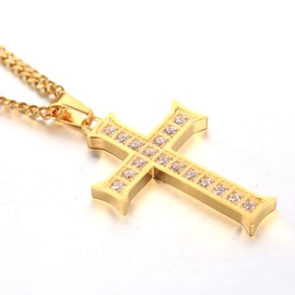 PAURO Men's Stainless Steel Cubic Zirconia Micro Pave Cross Pendant Necklace Gold
