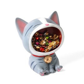 Cute Cat Statue Laughing Cat Figurines for Candy Dish, Key Bowl Holder, Desk of Work, Office Accessories Storage, Home Decor Modern Art Sculpture Fun Gift for Cat Lover, Housewarming Gift (Grey)