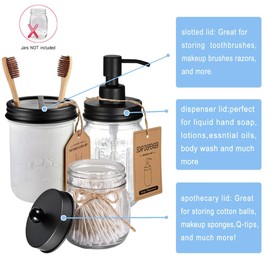 Komashr Mason Jar Bathroom Accessories Lids Set(4pcs) - Jars Not Included - Soap Dispenser, Apothecary Jars Lids for Regular Mouth Mason Jars, Wide Mouth Toothbrush Holder lid,-Stainless Steel,Black