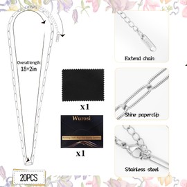 20Pack 18Inch Stainless Steel Paperclip Charm Necklace Chains for Jewelry Making Adjustable 4mmx12mm Paperclip Chain Necklace with 2 Inch Extension Chain for Women