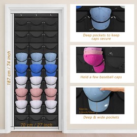 Dulamet Baseball Cap Holder Foldable Cap Holder Wall with 27 Pockets, Door Back Wall Cap Holder with 3 Metal Hooks Cap Hat Holder Wall