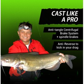 Heavyweight Champions Catfish Baitcaster Reel – Round with Loud Bait Clicker, Steel Bearings, Carbon Disc Drag, Thickened Metal for Big Cat Fish + Power Handle + Neoprene Cover (Right-Side Retrieve)