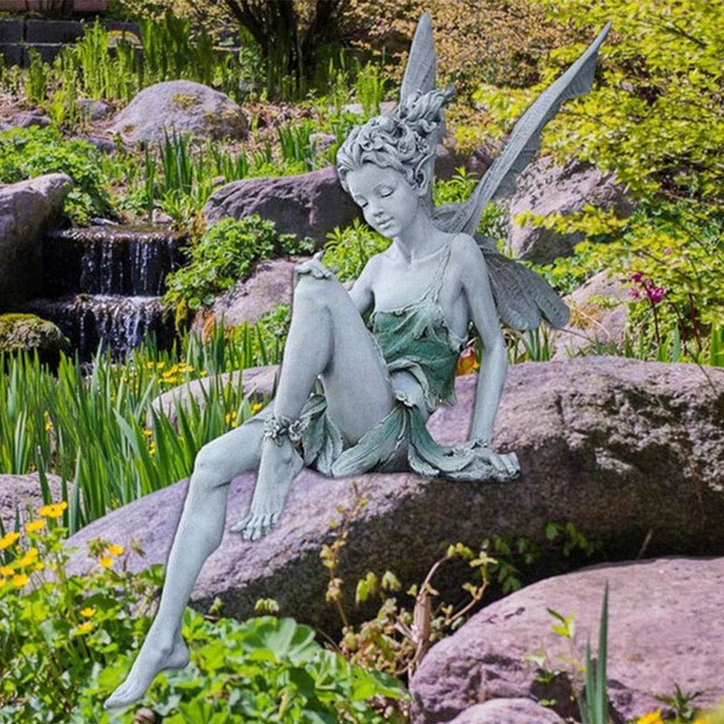 Sitting Fairy Statue Sculpture Figurine Resin Garden Ornament Craft Landscaping