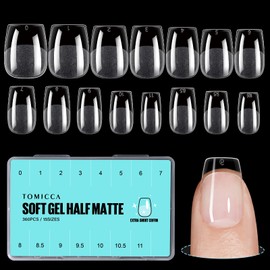 TOMICCA Coffin Shaped Short Nail Tips - 360PCS Half Matte Soft Gel, No File Needed- Full Cover False Nails, Clear Acrylic & Strong Tips for Press On Extension - 15 Sizes