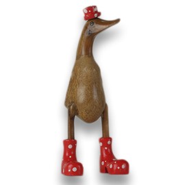 ART-CRAFT Wooden Duck Running Duck Garden Decoration Figure Made of Bamboo Root and Teak Wood with Boots and Hat Red 25 cm High