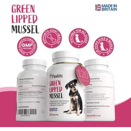 Pawbits 120 Green Lipped Mussel For Dogs 500mg Hip & Joint Support Powder Capsules (Not Tablets) for Dogs - Containing Premium New Zealand Mussel Natural Dog Joint Supplements – UK MADE