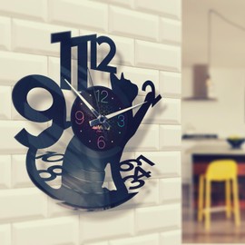 DISCOCLOCK FELIX Silent and Easy to Assemble Vinyl Clock - Modern Wall Clock for Kitchen, Salon, Gift Idea for Cat Lovers and Animal Lovers ... (Holographic Dial)