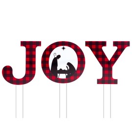 Christmas JOY Nativity Decorations Outdoor JOY Yard Sign Plaid Christmas Decorative Sign with Stakes Xmas Decor for Home Door Window Wall Indoor Outdoor Lawn Garden (Red and Black)