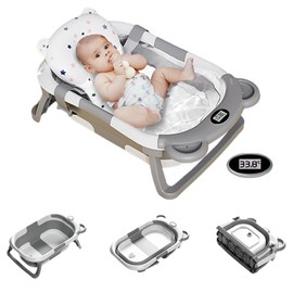 HAHONIA Baby Bath Tub Bear, Foldable Bathtub with Integrated Thermometer, Childrens Shower Bath Tubs for Toddler 0-15 Months