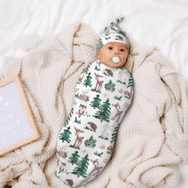Cute Deer Swaddle Blanket with Beanie Set, Woodland Mushroom Print Baby Stuff Swaddle Sack Newborn Sleeping Sacks for Girls Boys