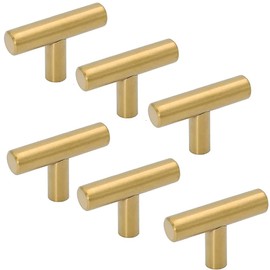 ANSIEDIO 6 Pack Golden Drawer Knobs, Kitchen Cabinet Cupboard Door Knobs Stainless Steel Single Hole T Bar Handles (50mm)