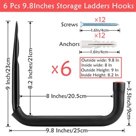 Naikozmo Garage Storage Ladders Hooks, 6 Pack Heavy Duty Utility Hanger, 9.8IN Wall Mount Rack Safely Holds 50 Pounds
