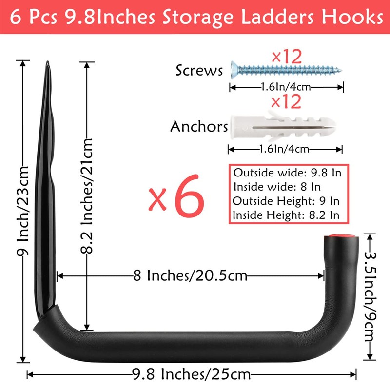 Naikozmo Garage Storage Ladders Hooks, 6 Pack Heavy Duty Utility