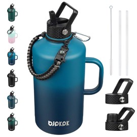 BJPKPK 1 Gallon Water Bottle Insulated with Straw Lid, 50oz, 64oz, 87oz, 128oz Large, Stainless Steel Water Bottles with 3 Lids and Paracord Strap, Double Wall Vacuum Metal Water Jug,Vast