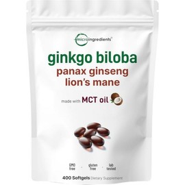 Micro Ingredients Ginkgo Biloba and Ginseng 5600mg Equivalent 400 Softgels 6 Months Triple Strength Lion's Mane Supplement Mood / 마이크로 인그리디언츠 은행잎과 인삼 5600mg 상당 400 소프트젤 6개월 3중 강도 사자갈기 보조제 기분