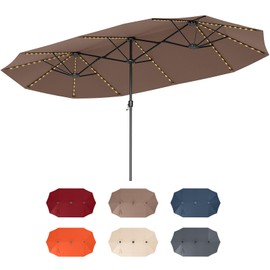 Tangkula 15.5 FT Extra-Large Patio Umbrella w/LED Solar Lights, Crank Handle, 12 Heavy-Duty Ribs, Outdoor Double-Sided Market Umbrella Rectangular Twin Parasol for Garden Deck Lawn Poolside (Coffee)