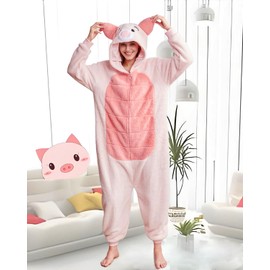 Laahoem Animal Pig Pyjamas Unisex Adult Hood Men Women Jumpsuit Costume Cosplay Sleepwear, pink
