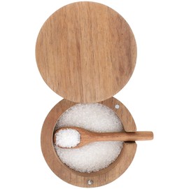 DGYLL Acacia Wood Salt Container with Spoon Salt Keeper Salt Box Spice Storage Box Condiment Pot Sugar Bowl with Spoon and swiveling lid Size: 3.5DIA x 2.5H inch (1pc no Pattern/w Spoon)