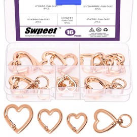 Swpeet 16Pcs 3Sizes Gold Heart-Shaped Spring Rings and Spring Snap Hooks Swivel Ring Assortment Kit, Carabiner Keychain Clip Heart-Shaped Rings for DIY, Craft Making﻿