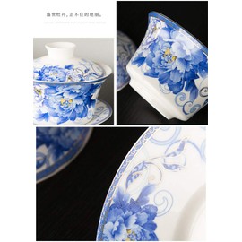 Chinese Porcelain Teacups 10oz Gaiwan Peony Lotus Flower Tureen Tradition Sancai Cover Bowl Lip Cup Saucer Tea Set (Millennium peony)