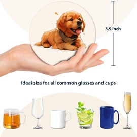 Set of 6 Coasters for Drinks Absorbing Round Ceramic Stone Coaster with Cork Base (Golden Retriever Puppy)