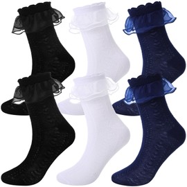 Geyoga 3 Pairs Women Ruffle Socks Turn Cuff, Double Lace Ankle Socks for Woman Cotton Lace Frilly Sock for Ladies(White, Black, Navy Blue)