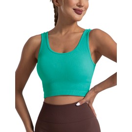 SPRIMEMONG Women's Ribbed Crop Tank Yoga Cropped Top for Workout(Teal,L)