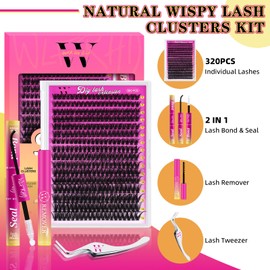 Lash Extension Kit 320PCS Eyelash Clusters 50D DIY Eyelash Extension Individual Lashes Natural Lash Clusters Kit with Lash Bond and Seal, Remover and Tweezers(D-Mix9-16mm)
