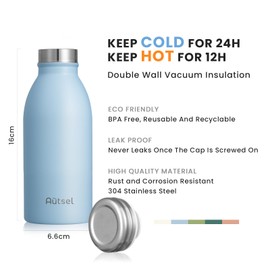 Autsel Stainless Steel Water Bottle 350ml Double Walled Vacuum Insulated Metal Water Bottle Leakproof Sports Flask Bottle BPA Free