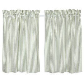 Cackleberry Home Tarragon Green and White Ticking Stripe Cafe Curtains Woven Cotton 28 Inches W x 30 Inches L, Set of 2