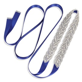 XZQTIVE Bridal Belt Handmade Crystal Rhinestone Braided Wedding Dress Sash Belt For Bridal Gowns, 08-silver, Royal Blue Organza, One Size