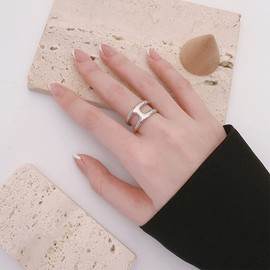 Womens Double Lines Ring,Simple Irregular Geometric Two Parallel Lines Bar Ring,Open Adjustable Adjust S925 Sterling Silver Fashion Thumb Index Finger Ring Jewelry for Women (Ring_E, Adjustable)