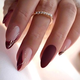 Press On Nails Medium Almond Gold Line French Press Ons Full Cover Glossy Stick Ons for Women Nails Decoration 24Pcs