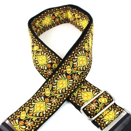 Walker And Williams H-03-MET Vintage Series Yellow & Orange Mandala Woven Guitar Strap with Brushed Nickel Hardware And Thick Leather Ends For Acoustic, Electric, And Bass Guitars