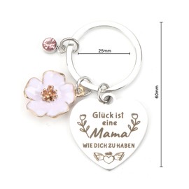 Stainless Steel Keyring with Floral Design and Red Rose Quartz Pendant, Gift for Women, Ideal as a Birthday Gift for Mum or as Small Gifts for Special Occasions, silver