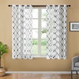 Top Finel White Short Sheer Curtains 45 Inch Length Black Embroidered Diamond Grommet Window Curtains for Living Room Bedroom, 2 Panels