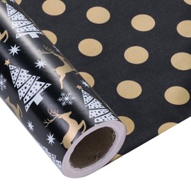 LeZakaa Reversible Christmas Wrapping Paper - Jumbo Roll - Christmas Tree, Reindeer & Gold Dot in Black - 30 inches x 100 Feet (250 sq.ft.)