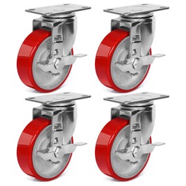 4 Inch Heavy Duty Casters, Swivel Caster Wheels with Brake, Polyurethane on Steel Wheel- Casters Set of 4 with 2000 lb Capacity, Caster Wheels for Furniture Workbench Cart (4 Side Brake)