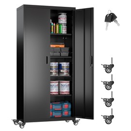 Aobabo 73" H Metal Storage Cabinet with Wheels for Garage, Rolling Tool Cabinet with 4 Shelves, for Home Office, Black, Assembly Required