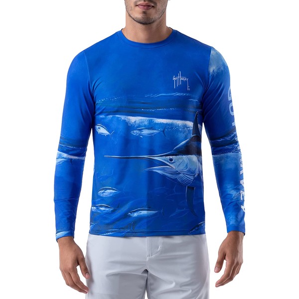 Guy Harvey Camiseta de manga larga para hombre con protección solar UPF 50+, Envoltura azul/Marlin, Medium