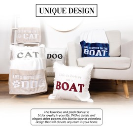 Pavilion - Boat Royal Plush Throw Blanket, Boat Owner Novelty Gift, Boat Captain Fleece Throw, Awning Strip Blue Throw, Navy Blue Nautical Blanket for Sofa, 1 Count, 50 x 60 inches, White/Navy