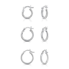 DTPsilver - Set of 3 Pairs of 925 Sterling Silver - Hinge Hoops/Sleepers/Creole Earrings - Thickness 1.5 mm - Diameter 14, 16, 18 mm