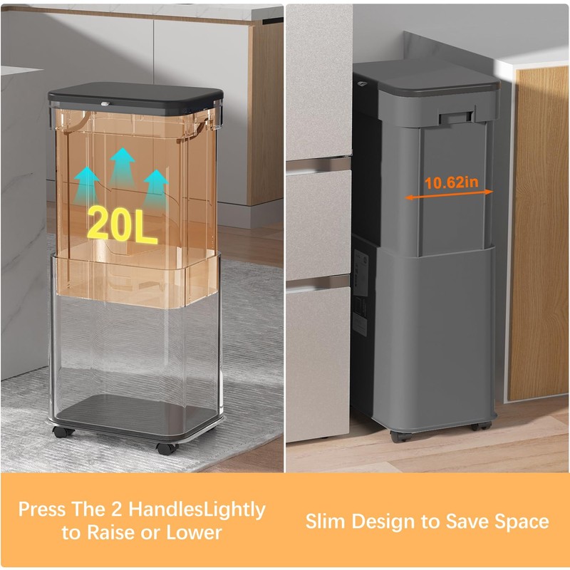 Kitchen Trash Can with Lid, Adjustable Height 20L/5.3Gal Rolling Garbage