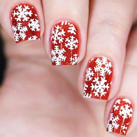 Short Square White Christmas Snowflake Press on Nails 24Pcs Snowflake Fake Nails Glossy Red Glitter Acrylic False Nails Xmas Snowflake Gel Glue on Nails Snowing Stick on Nail for New Years Women Girls