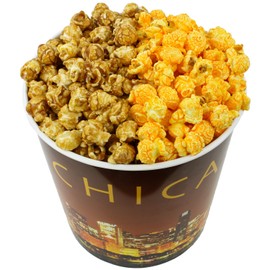 Signature Popcorn – 1-Gallon Gold Chicago Skyline Reusable Bucket Tin, Half Caramel and Half Cheddar Gourmet Popcorn, Gluten-Free Snack, Holiday, Party & Corporate Gift