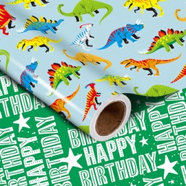WRAPAHOLIC Jumbo Reversible Dinosaur Wrapping Paper Roll - 30 Inch x 33 Feet - Happy Birthday Wrapping Paper for Boys, Kids, Dino Lovers