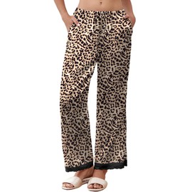 Ekouaer Womens Silk Satin Pajama Pants Casual Lounge Sleep Pants Pocketed Elastic Waist Wide Leg Pj Bottoms with Lace Trim Leopard M