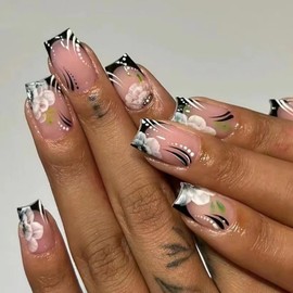 FOXIIU Press on Nails Short Square Black French Glossy Full Cover Acrylic False Nails Square Shaped with Floral Designs Artificial Short Length Fake Nails with Glue Stick on Fingernails for Women