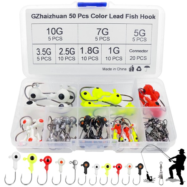 GZhaizhuan Pack of 50 Jig Heads Fishing Hooks Set, Colourful