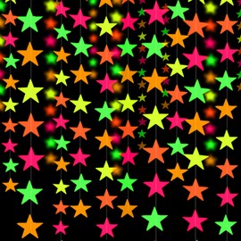 80ft Neon Star Paper Garland UV Black Light Reactive Glow in the Dark Hanging Decorations Neon Party Streamers Fluorescent Party Supplies Glow Stars for Birthday Party Wedding Decorations